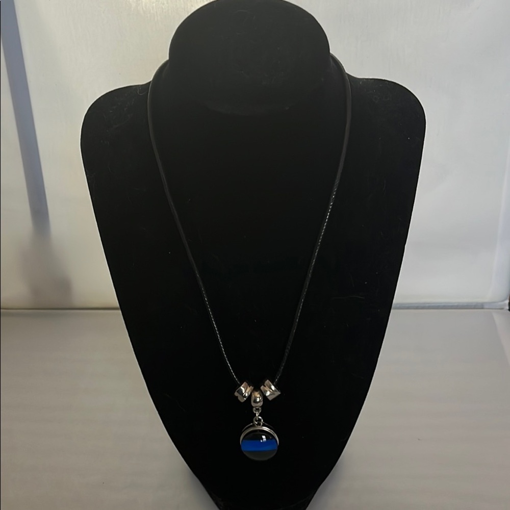 Elegant Thin Blue Line Snap-On Charm on a Black Cord Necklace